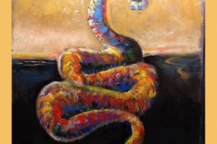 He has divided light and darkness, sky and land,and begins moving across the landscape creating rivers and waters. the horizon partakes of all his colours. Snake is an elemental force and needed to be painted with a process as elemental. He is painted with pieces of rag